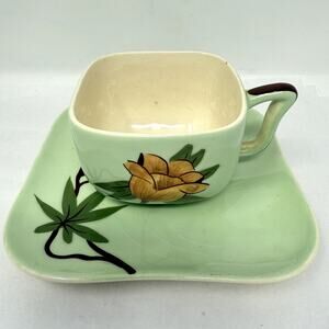 Weil Ware California Pottery Cup & Plate Set Hand Decorated Bamboo Lotus Vintage
